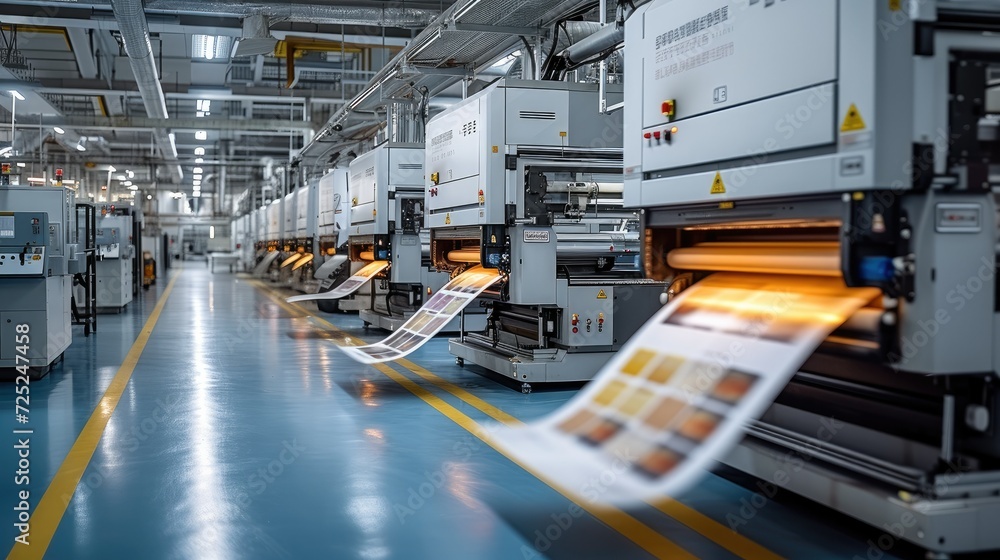 Aufkleber the production floor of a big digital printing company with large print machines printing packaging 