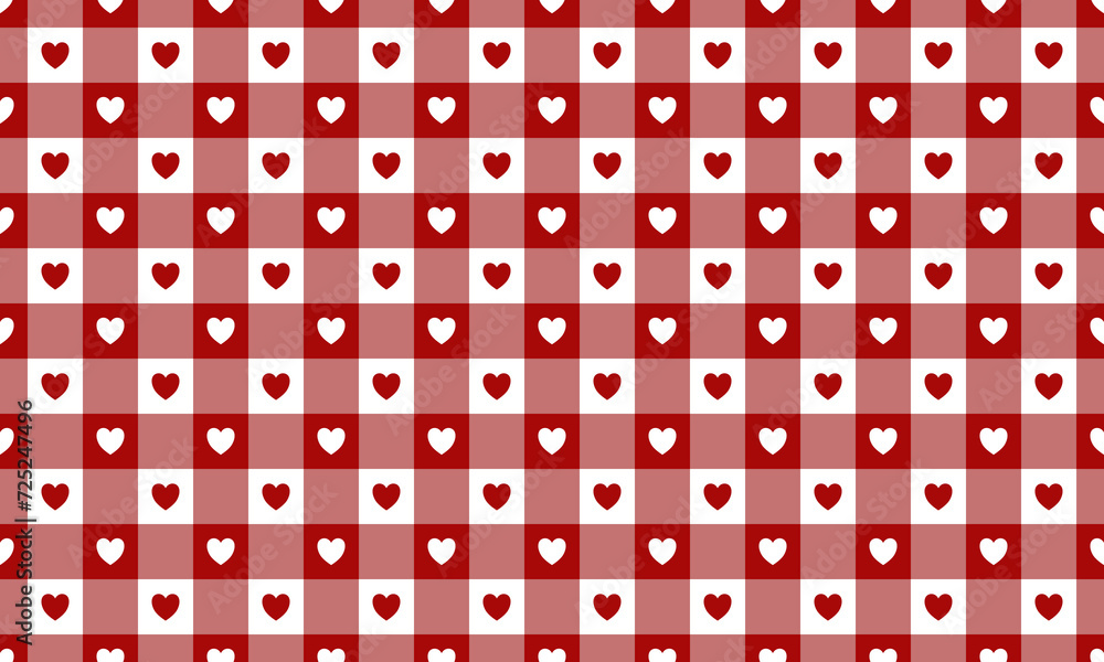 Wall mural red and white heart gingham checkered seamless pattern. vector repeating texture.