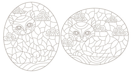 A set of contour illustrations of stained glass Windows with cats on a background of sky, dark contours on a white background