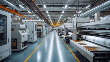 The production floor of a big digital printing company with large print machines printing packaging designs. Generative AI. - obrazy, fototapety, plakaty