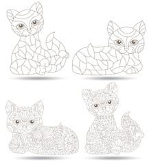 Set of stained glass contour elements with rainbow cats , isolated outline images on white background