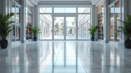 Realistic interior close up shot of a vestibule with double door of a Store. Generative AI. - obrazy, fototapety, plakaty