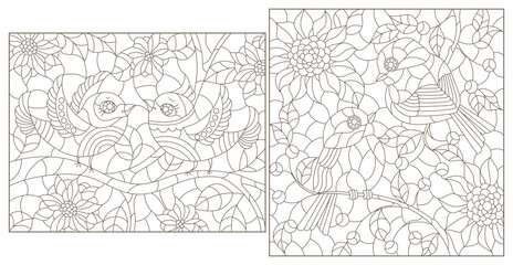 Obraz premium A set of contour illustrations in the style of stained glass with cute birds on branches and flowers, dark contours on a white background