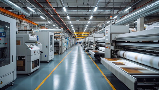 The production floor of a big digital printing company with large print machines printing packaging designs. Generative AI.