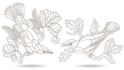 Set of contour illustrations in stained glass style with birds, animals on branches isolated on a white background