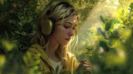 Pretty woman listen music in headphones in the garden