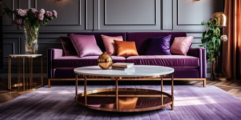 Sophisticated living room with copper table, striped carpet, and violet sofa adorned with gold leaf.