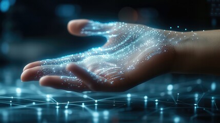 Fototapeta premium Technologies. Connection technologies background, hand, male, finger, virtual, grid, cyberspace, science. Generative AI.