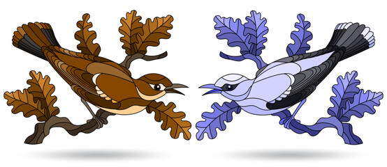 Set of illustrations in stained glass style with a birds, animals on branches isolated on a white background, tone blue and brown