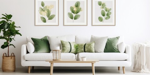 Botanical posters and sofa in white living room.