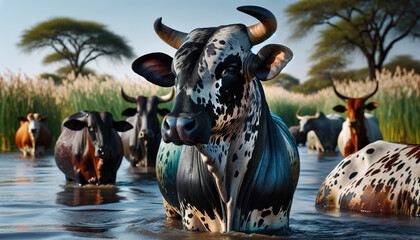 The Nguni is a cattle breed indigenous to Southern Africa.This indigenous breed offers outstanding beef production under harsh African conditions - obrazy, fototapety, plakaty