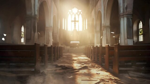 old deserted church interior with sunlight shining. interior of church. seamless looping overlay 4k virtual video animation background 