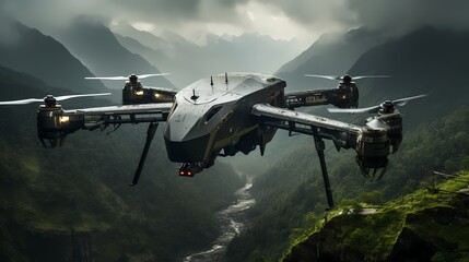 Fototapeta na wymiar Autonomous military drone conducting surveillance over a mountainous region