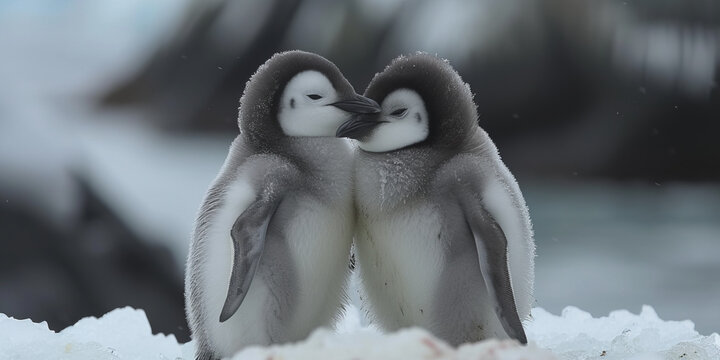 Two penguins stand kissed on melting ice in Arctic Ocean global warming concept, generative ai