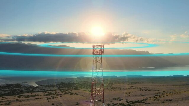 Aerial of 5G tower Telecom station in nature with seascape at sunset, animation Graphic Motion of micro wave air Electromagnetic pollution concept