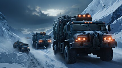 A convoy of AI-driven supply trucks, navigating a treacherous snowy terrain, as they transport vital equipment to a remote military outpost in a strategic Arctic region