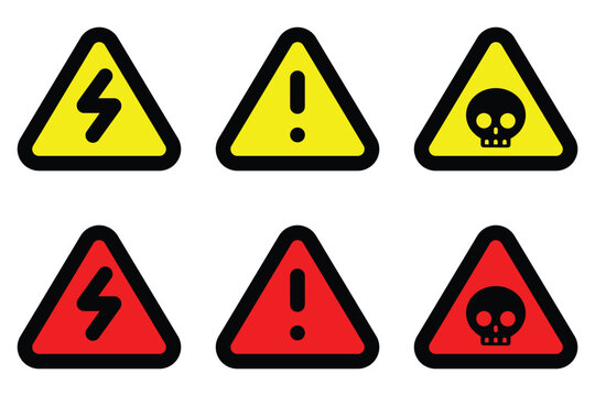 set danger triangle various different yellow red colors skull electrical high volt alert warning sign of caution hazard traffic icon vector flat design for website mobile isolated on white Background