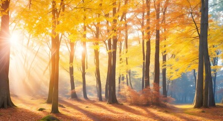 Autumn forest landscape with sunbeams in the morning. Nature background