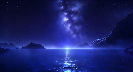 Obraz premium Fantasy landscape. Mountain and forest in the fog at night. Night landscape with lake, stars and blue sky. 