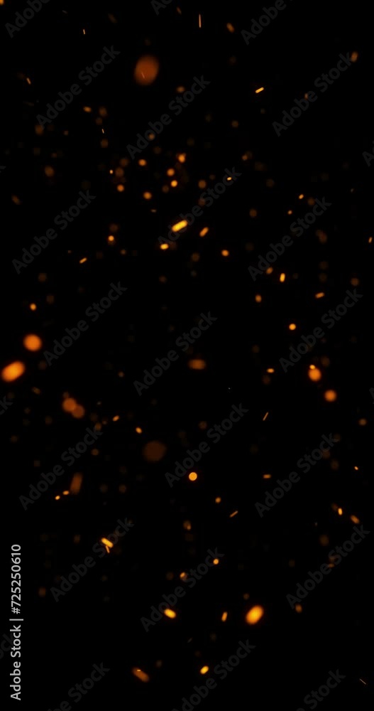 Poster fire sparks random fly on clean black loop vertical background.