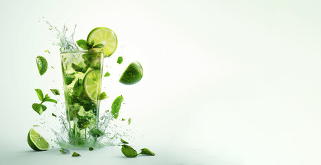 Mojito cocktail with liquid splashes, mint, ice and lime slices flying ir on white background. Place for text