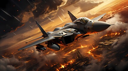 A formation of AI-enhanced fighter jets, executing precise aerial maneuvers in a breathtaking display of technological prowess against the backdrop of a vibrant sunset - obrazy, fototapety, plakaty