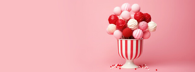 Candy in a vase on a pink background. Banner.