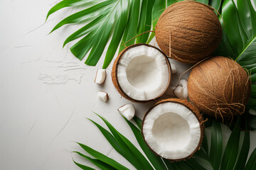 Fototapeta na wymiar Coconut with half and leaves on white background.
