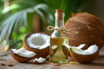 Coconuts and Coconut oil in a clear glass bottle. - 725251880