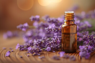 bottle of essential oil and lavender flowers arranged
