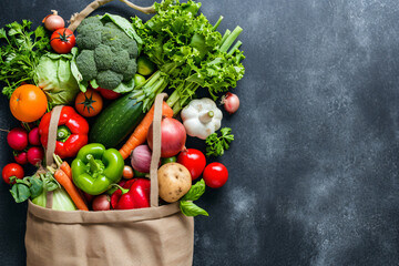 photo top view vegetables and fruits in bag