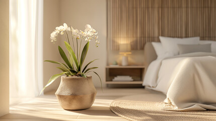 Bedroom interior with flower pots. Generative AI