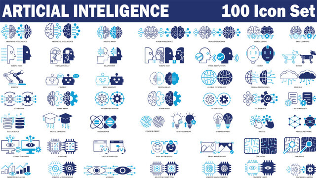 Artificial intelligence colorful line & fill icon set. Editable icon set of AI isolated on white background. high quality line & fill business icon set of AI