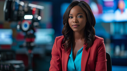A young African American news anchor, dressed in a professional red jacket, seated at the anchor desk on the set