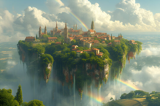 A surreal Western European landscape with floating islands and a vibrant rainbow. Created with generative AI.