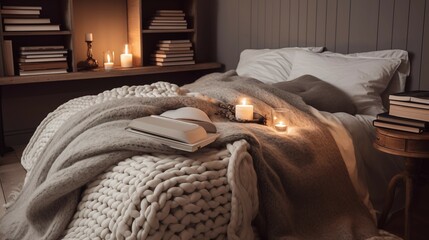  cozy bed, with candles and books on it, in the style of soft tonal transitions, knitted and crocheted, atmospheric lighting, warmcore