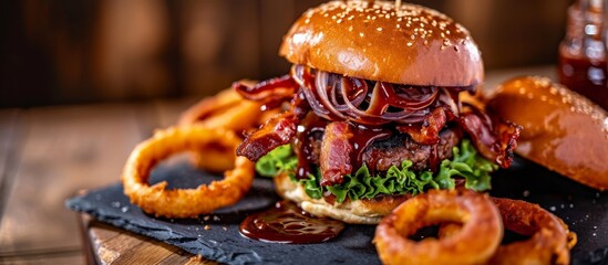 BBQ sauce topped onion rings and a bacon burger in western fashion. - obrazy, fototapety, plakaty