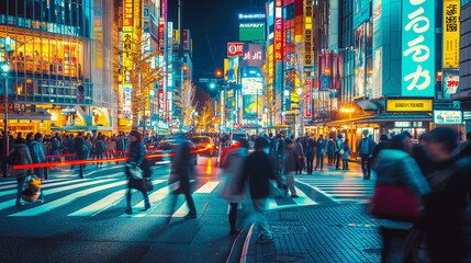 Bustling Nighttime Street Scene in Tokyo with Pedestrians and Neon Signs