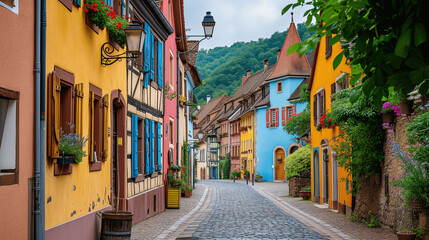 Picturesque Cobblestone Street Lined with Colorful Houses