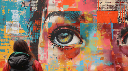 Observer Admiring a Vivid Street Art Mural of an Eye