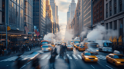 Bustling New York City Street with Steam and Sunset Light - obrazy, fototapety, plakaty