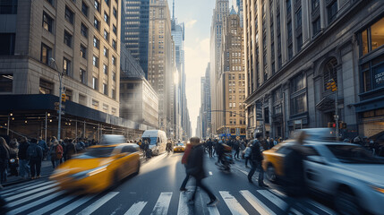 Dynamic Street Scene in New York with Sunlight Between Buildings - obrazy, fototapety, plakaty