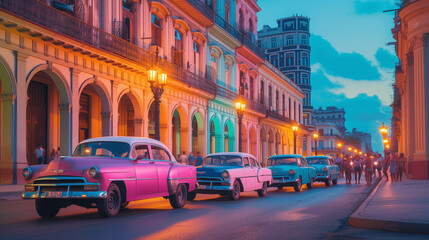 Fototapeta na wymiar Havana Street at Dusk with Vintage Cars and Colonial Architecture