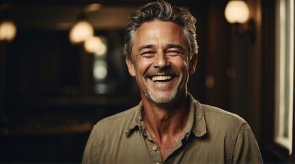 Portrait of a happy middle aged man laughing from Generative AI