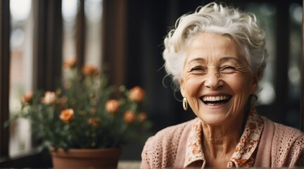Portrait of a happy elderly woman laughing from Generative AI - obrazy, fototapety, plakaty