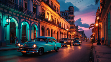 Fototapeta na wymiar Vintage Cars on a Bustling Street at Sunset in Havana, Cuba