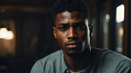 Portrait of a handsome young black man with a serious thinking face from Generative AI