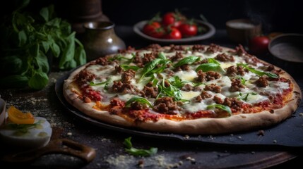 Minced meat pizza, food photography, 16:9