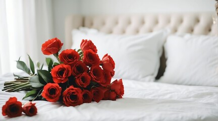 Bouquet of red flowers on a white bed from Generative AI