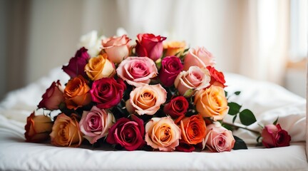 Bouquet of colorful roses on a white bed from Generative AI